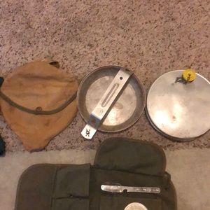 VintageBoyScouts backpack,2setssilverware,cooking pot,thermos,girlscout thermos